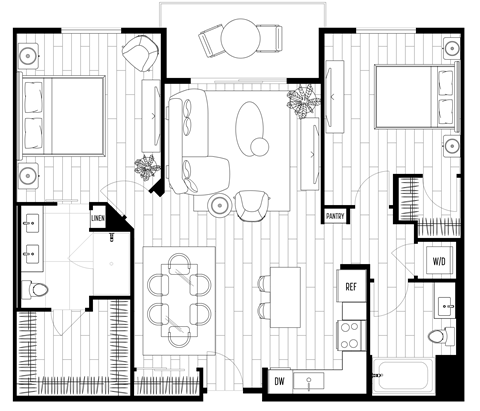 A black and white floor plan of a house with labeled rooms such as "PANTRY" and "W/D".